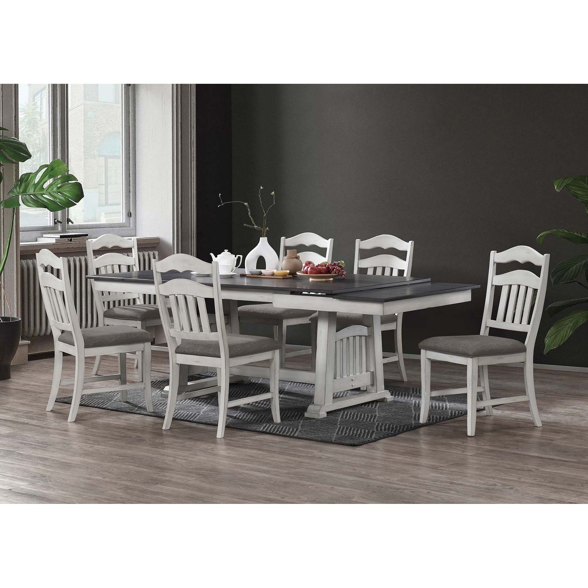 7Pc Dining Table Set Antique White Finish Dual Leaf Dining Room Furniture