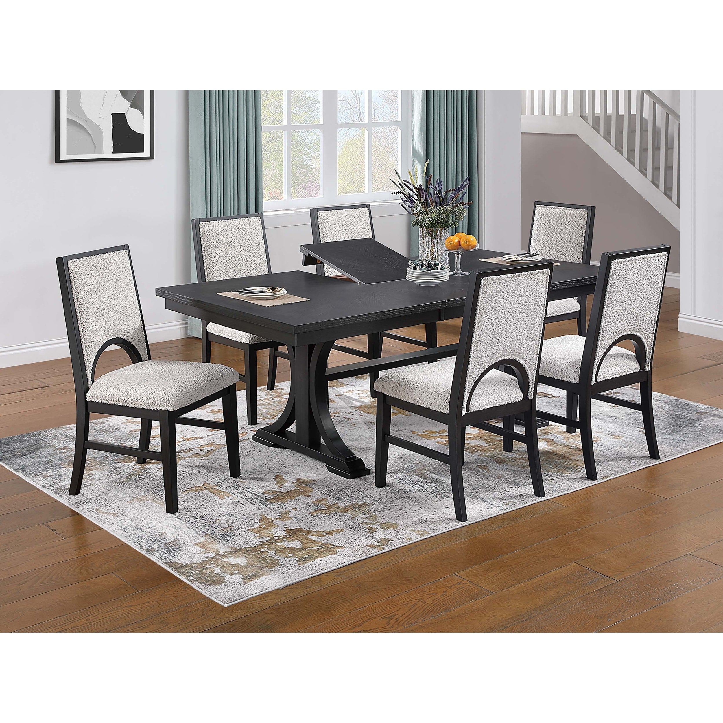 7Pc Dining Table Set Built In Leaf White And Black Finish