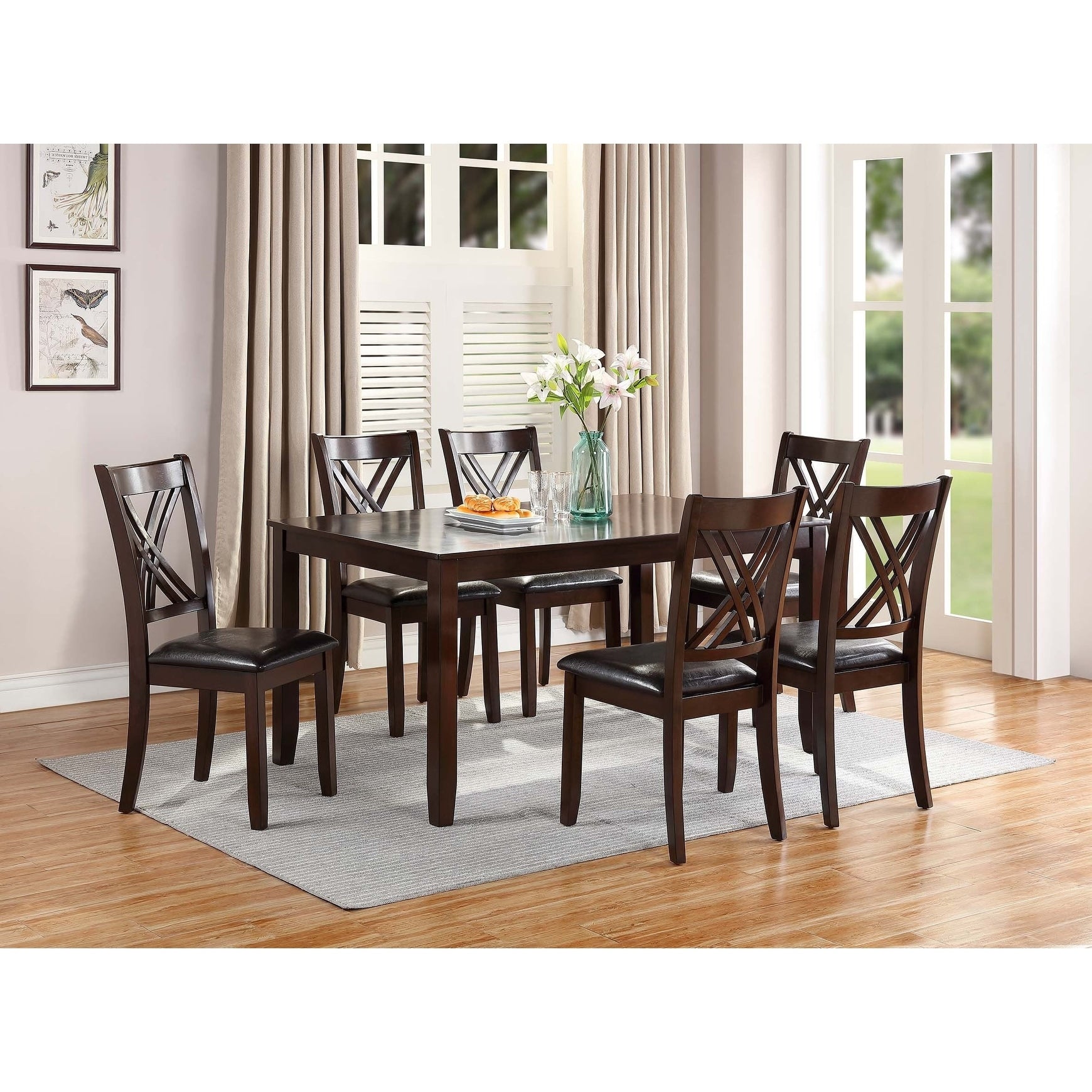 7Pc Dining Table Set Dual X Cross Back Cherry Finish Dining Room Furniture