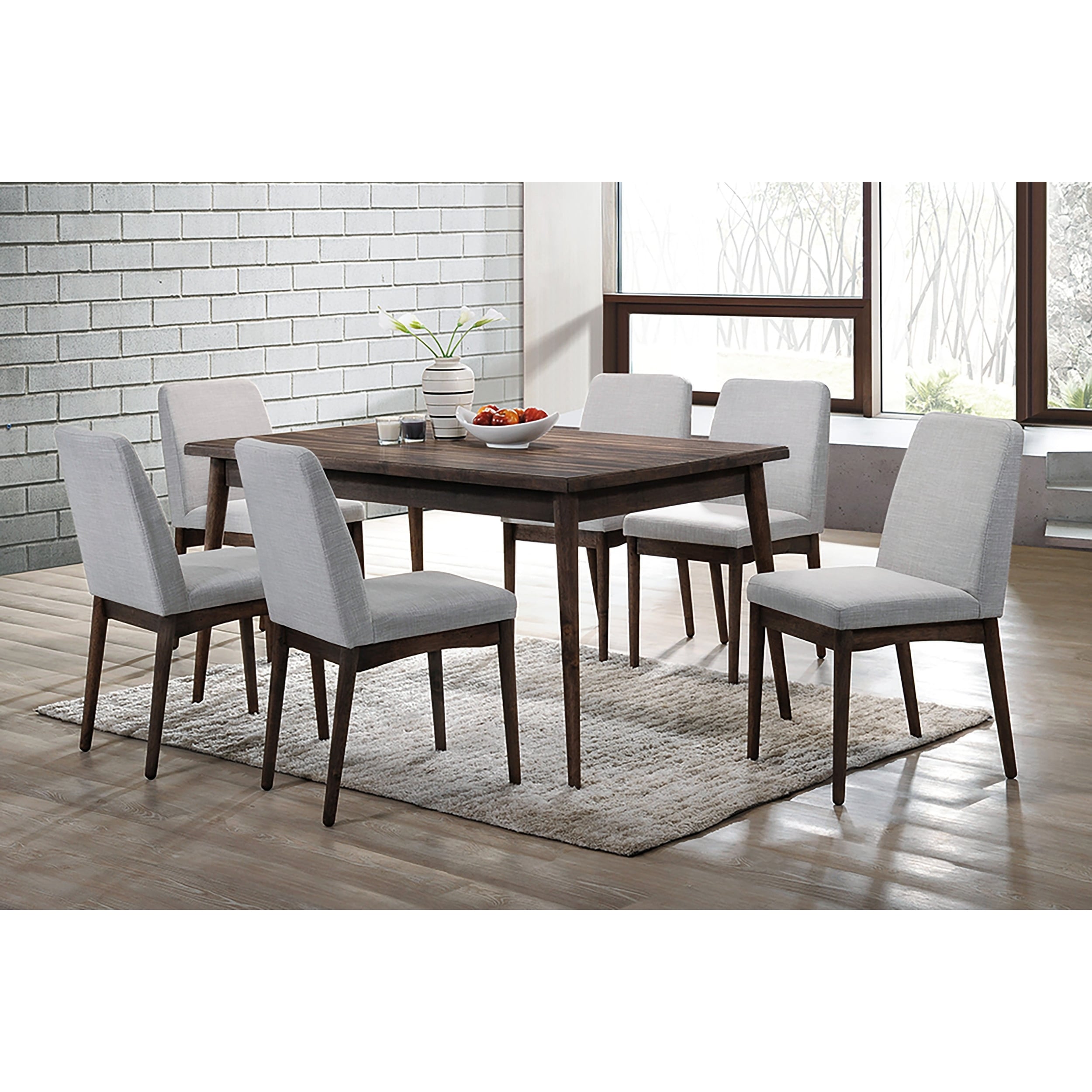 7Pc Dining Table Set Upholstered Seat Tapered Legs Walnut Finish