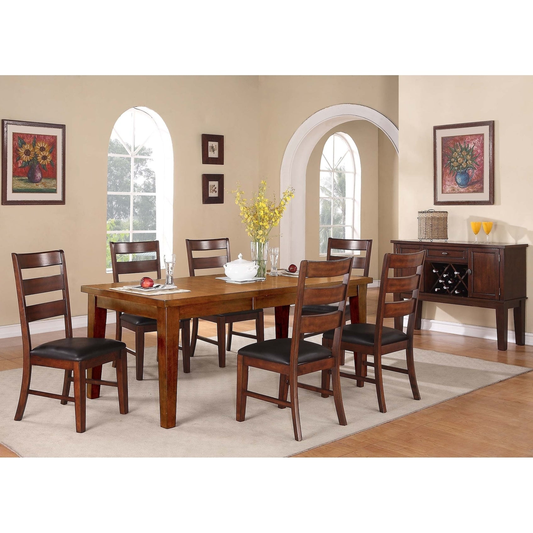 7Pc Transitional Dining Set Built In Leaf Walnut Finish