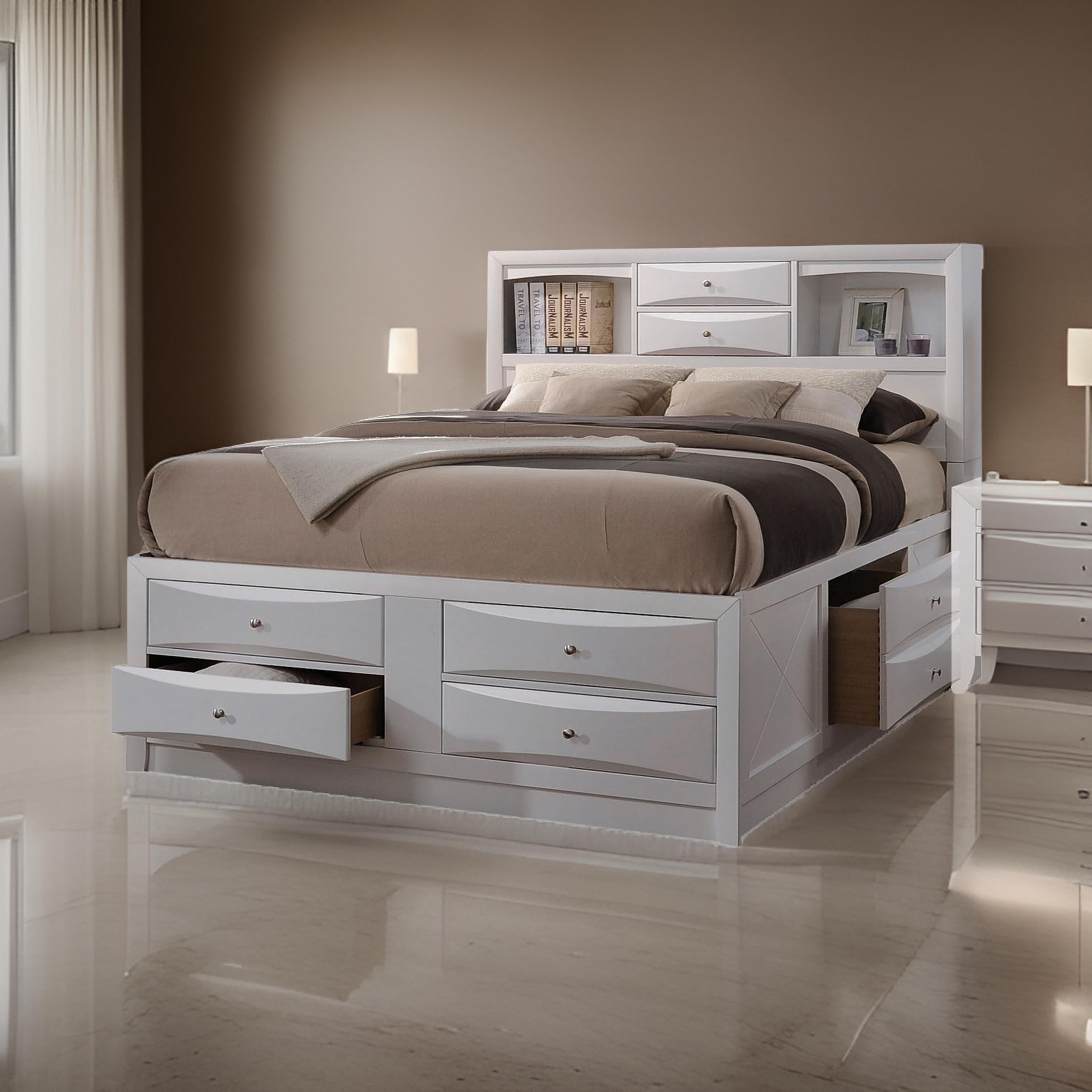 8 Drawer Eastern King Bed With Bookcase Headboard And Round Knobs White