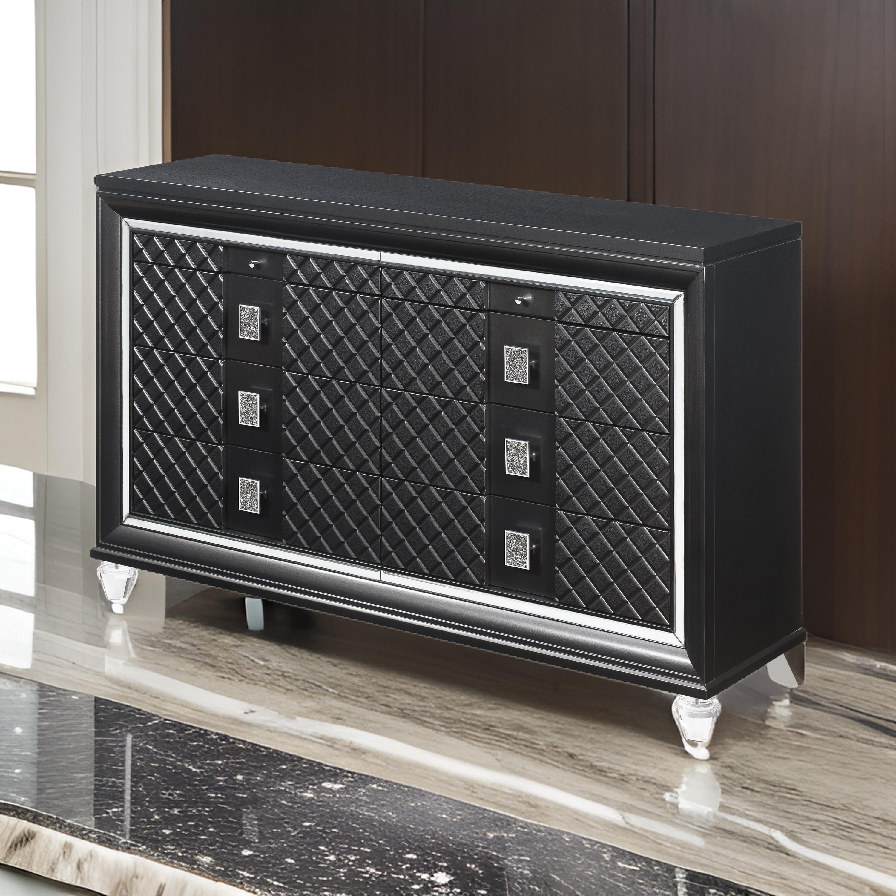 8 Drawer Wooden Dresser With Mirror Accents And Diamond Pattern Black