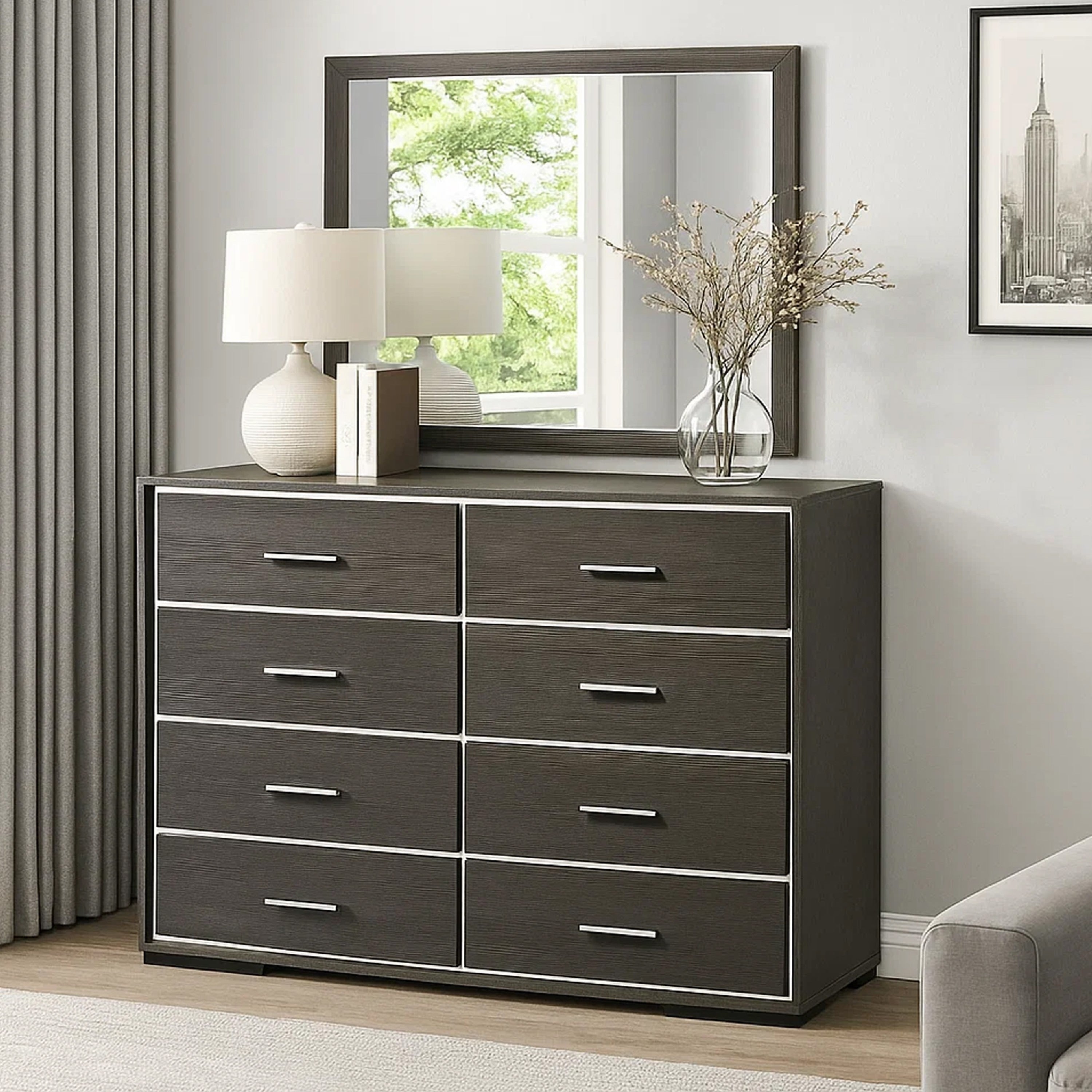 8 Drawer Wooden Dresser With Mirror Trim Accents Gray