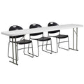 18 Inch X 96 Inch Plastic Folding Training Table With 3 Black Plastic Stack Chairs