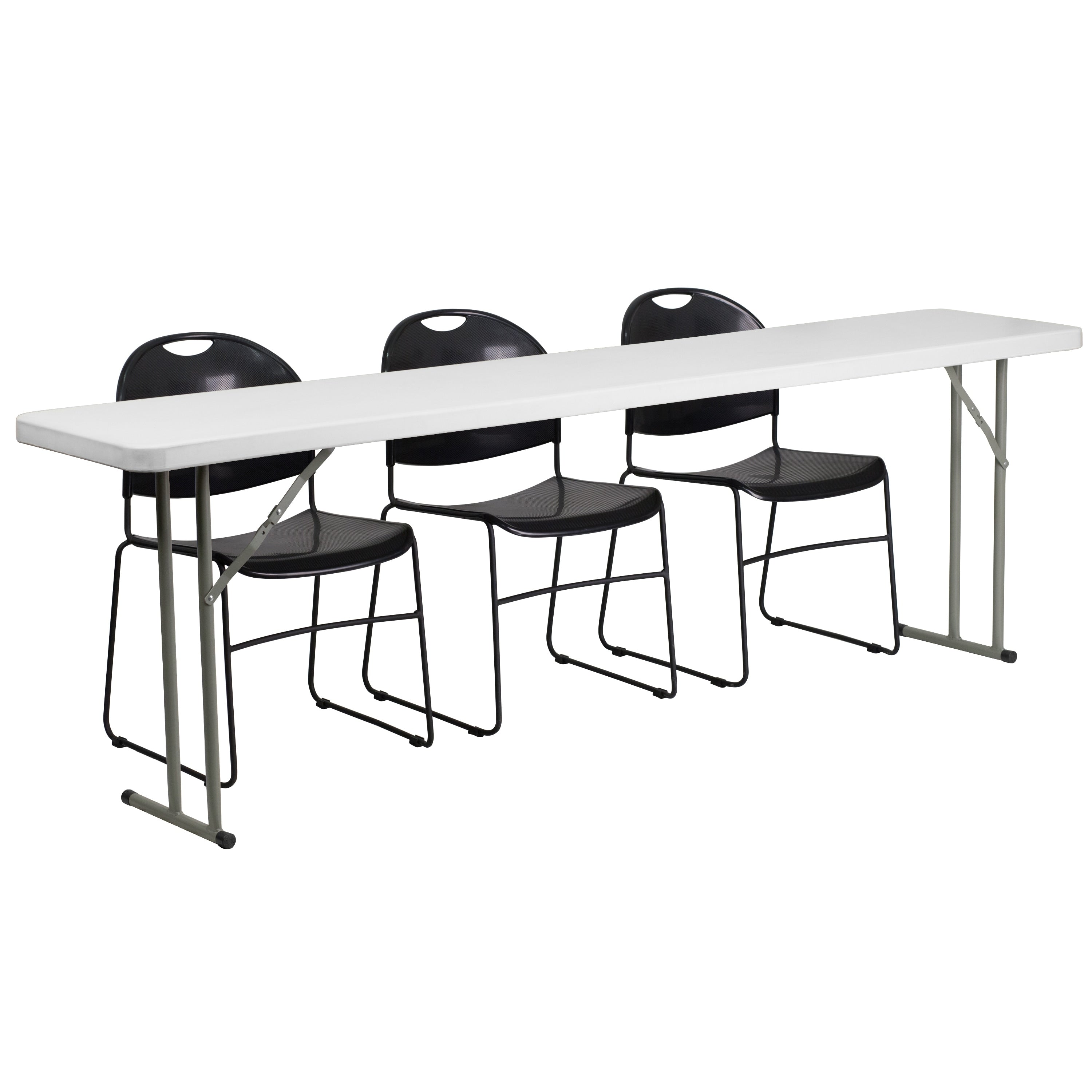 18 Inch X 96 Inch Plastic Folding Training Table With 3 Black Plastic Stack Chairs