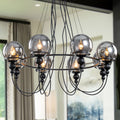 8 Light Black Metal Rings Chandelier Industrial Smoky Glass Globe Dia.33.46 In