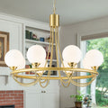 8 Light Brushed Gold Chandelier Frosted Opal Glass Globe Shades Dining Dia.33.46 Inch