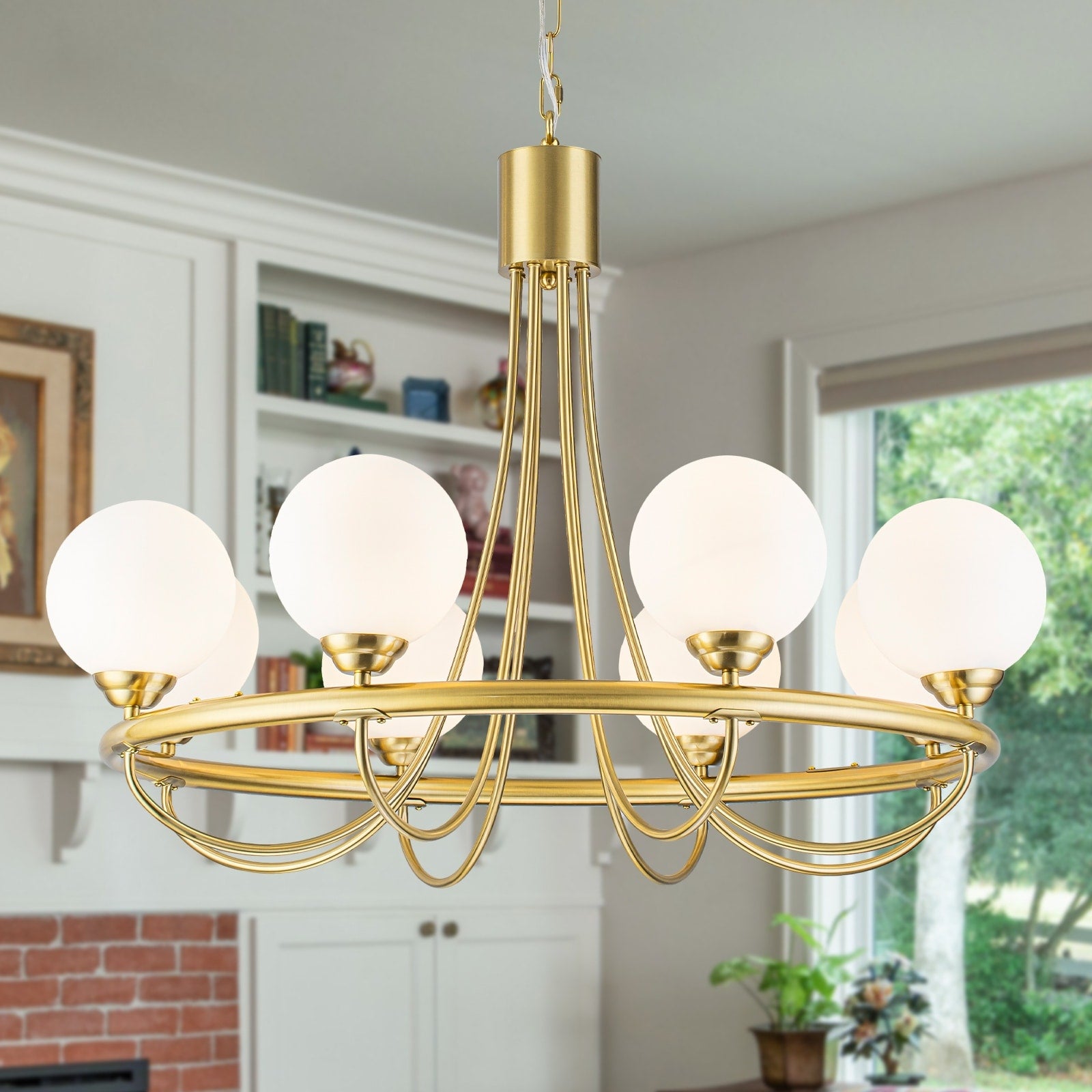 8 Light Brushed Gold Chandelier Frosted Opal Glass Globe Shades Dining Dia.33.46 Inch