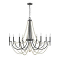 8 Light Chandelier In Matte Black With White Wooden Beads