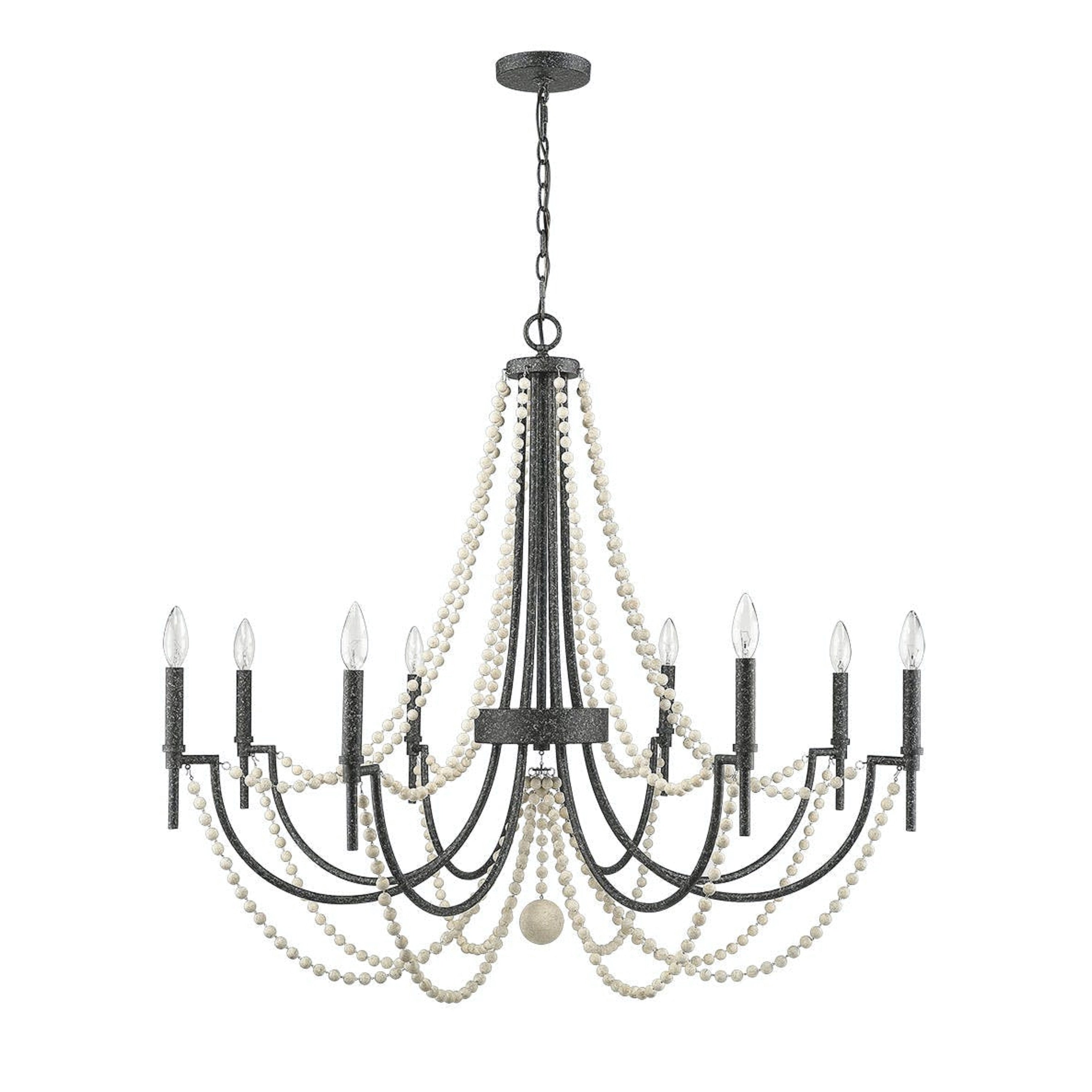 8 Light Chandelier In Matte Black With White Wooden Beads