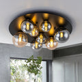 8 Light Flush Mount Ceiling Light Mixed Size Smoke Amber Glass Globes Dia.18.9 In