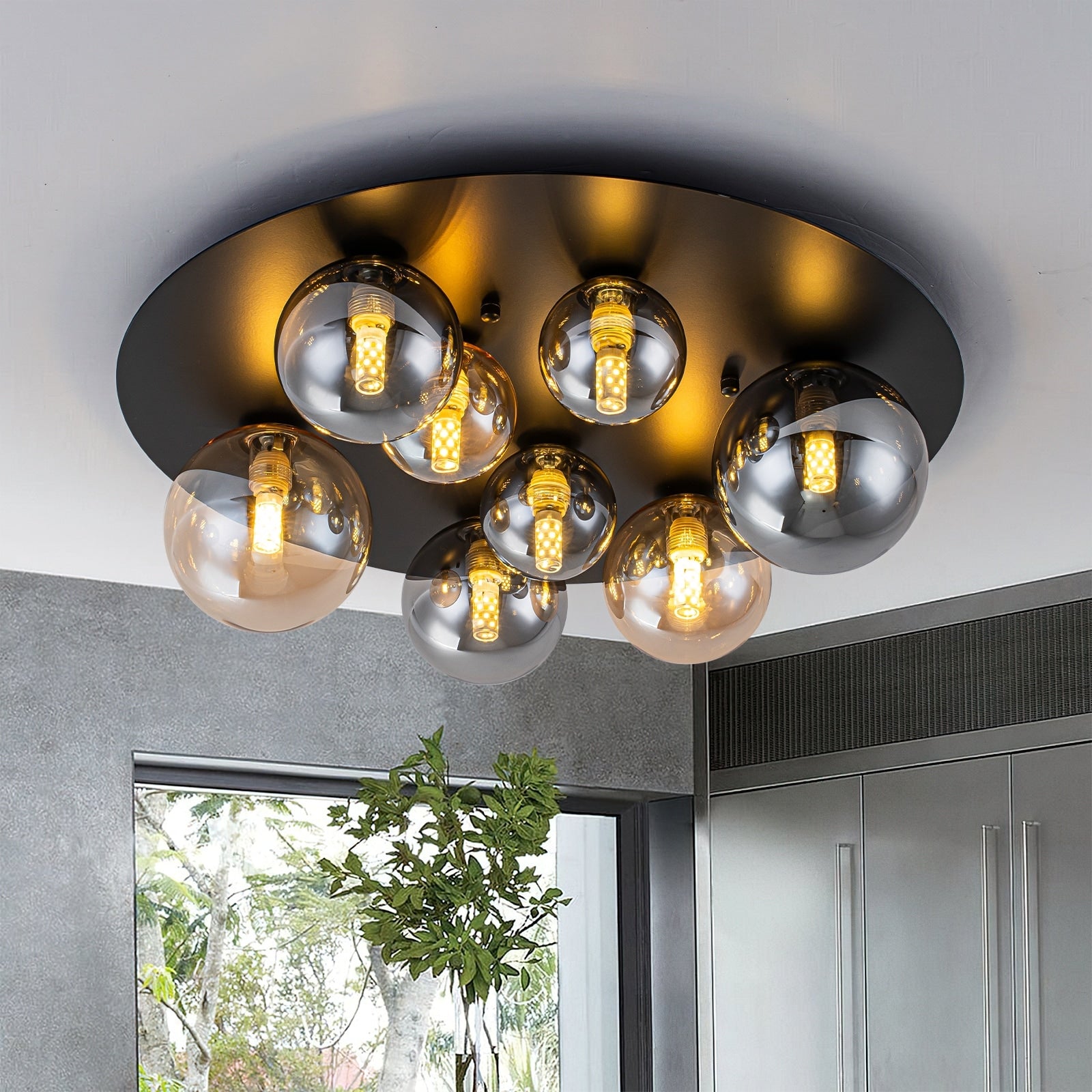 8 Light Flush Mount Ceiling Light Mixed Size Smoke Amber Glass Globes Dia.18.9 In