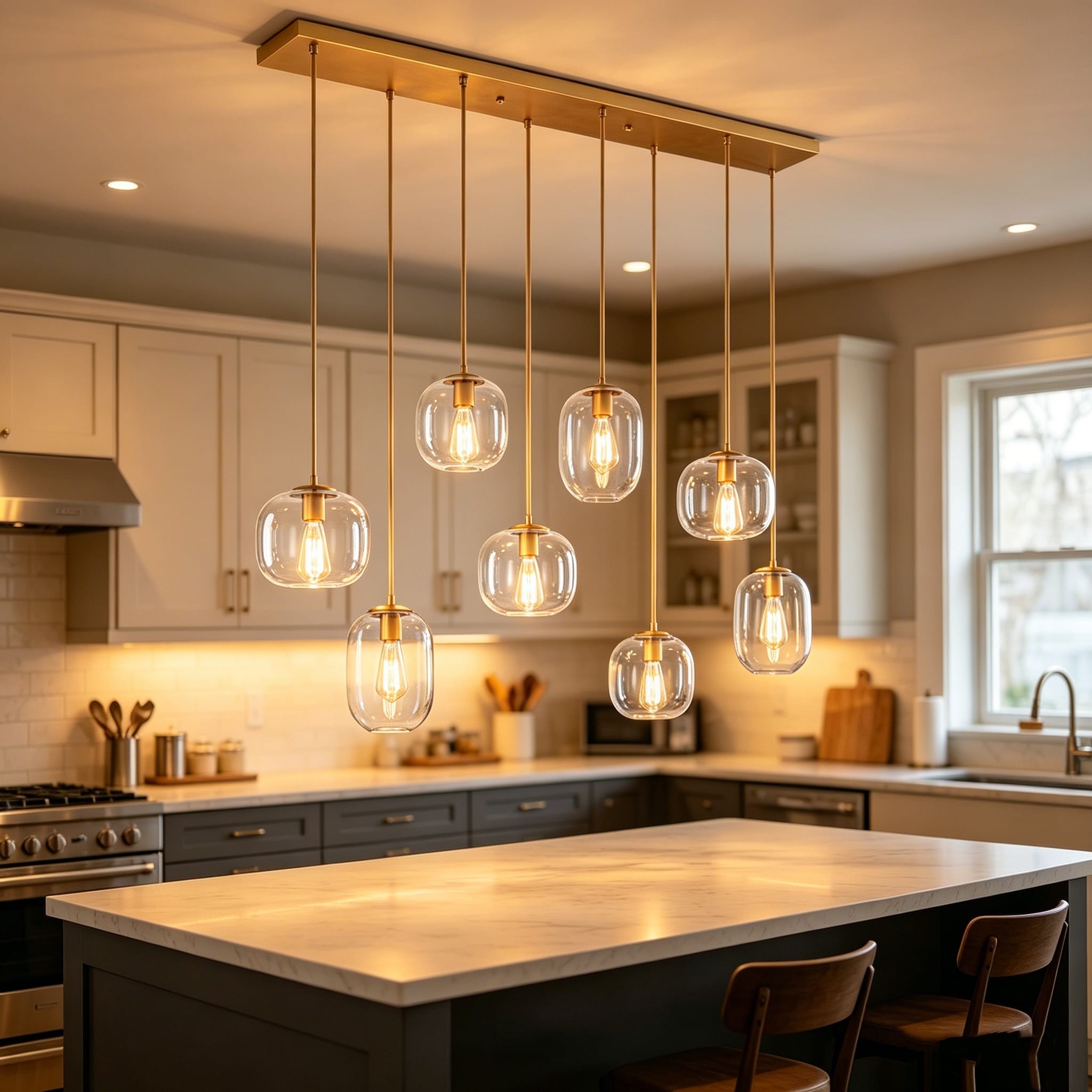 8 Light Gold Black Linear Chandelier Modern Pendant Light With Clear Glass