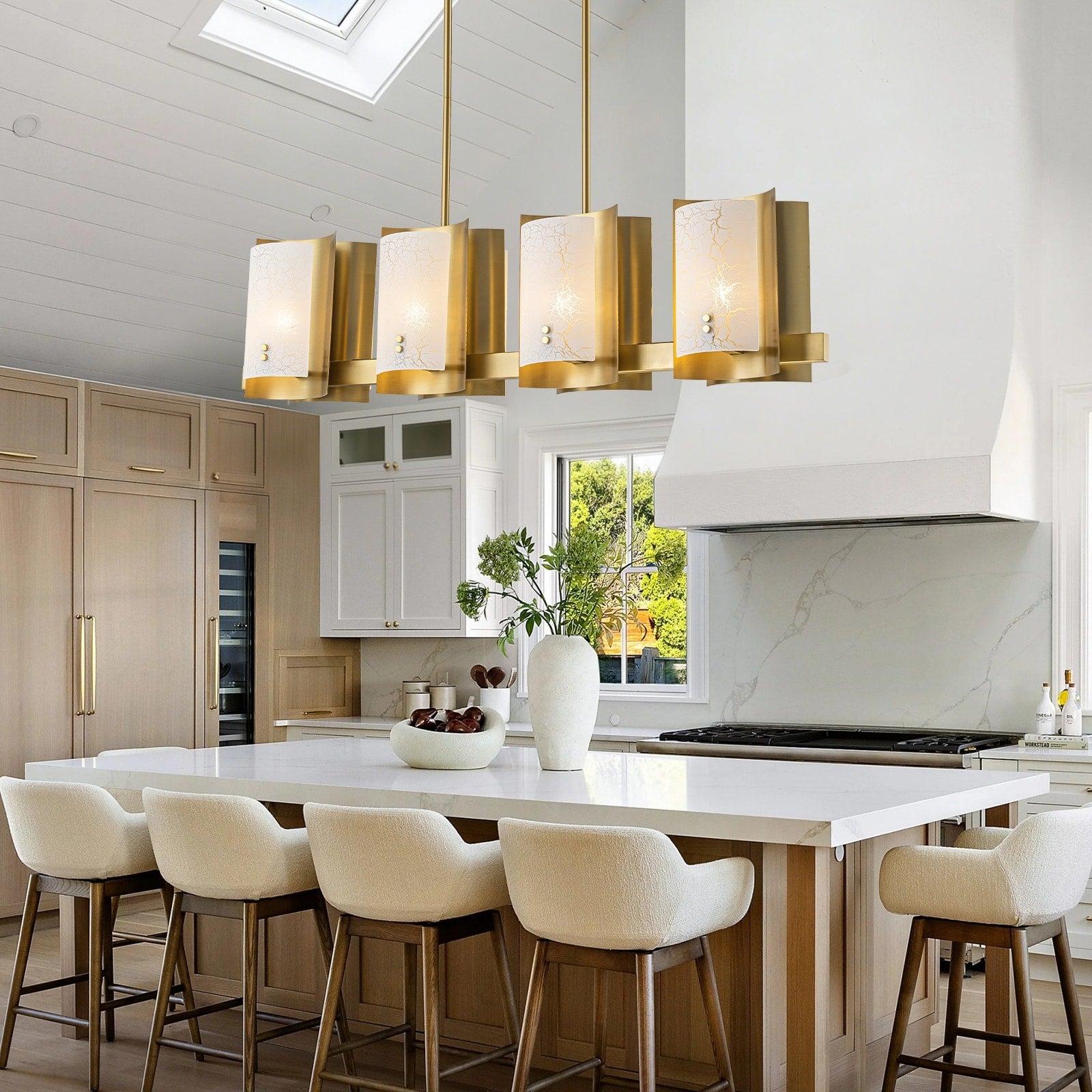 8 Light Gold Linear Chandelier Crackle Glass Pendant Light Kitchen 4 Lights