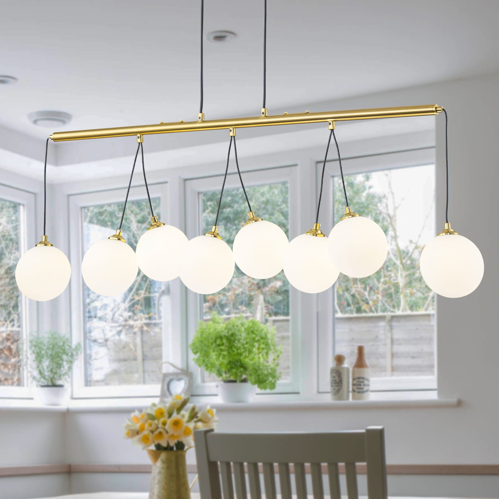 8 Light Gold Linear Kitchen Island Pendant Light Frosted Glass Globes Dia.39.37 In