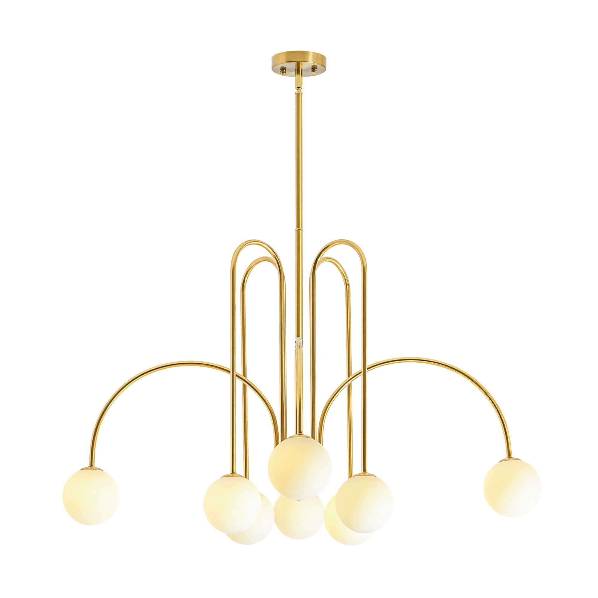 Rennnsan 8 Light Gold Linear Modern Sputnik Chandelier With Milky White Frosted Glass Shades 39.37 In. W X 24.41 In. H