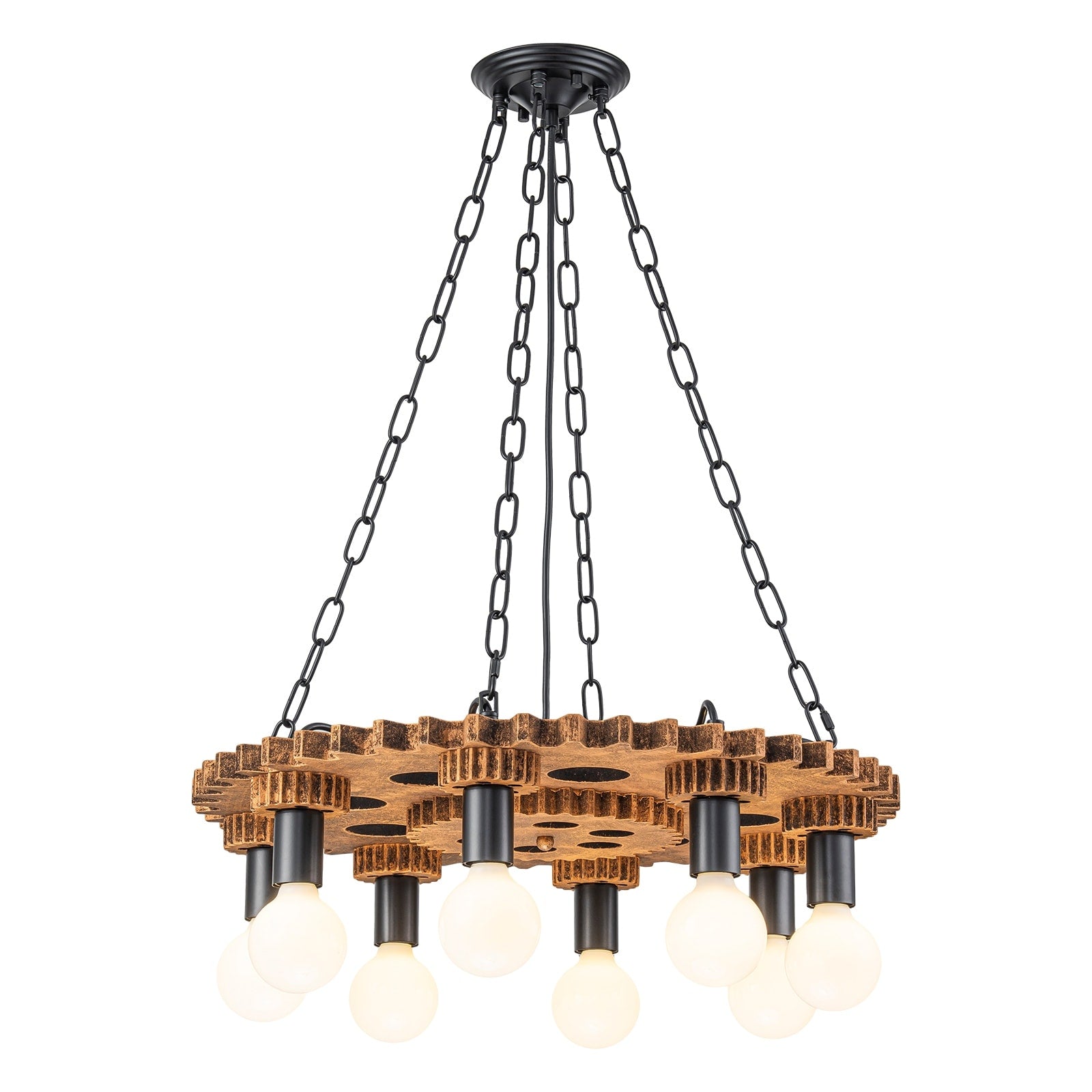 8 Light Industrial Steampunk Gear Chandelier With Vintage Wood Dia.23.62 In