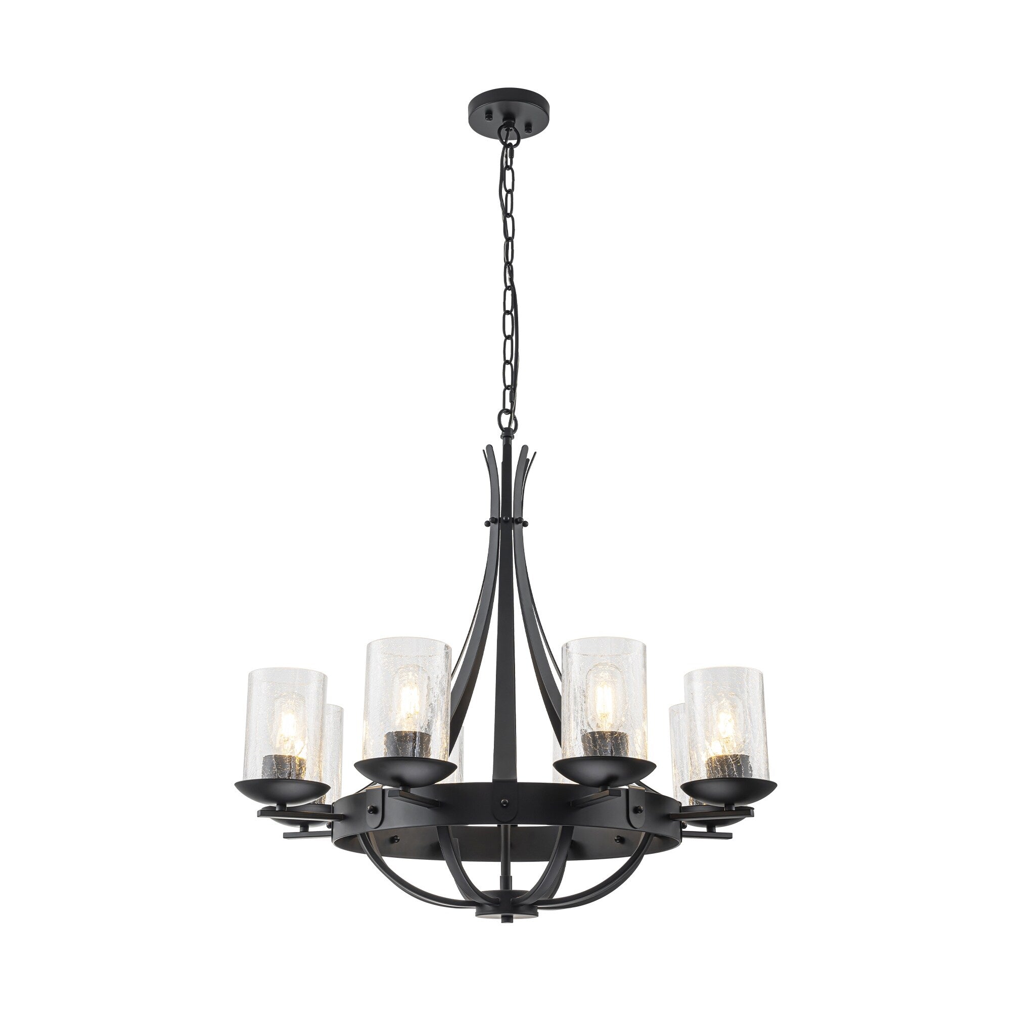 8 Light Industrial Wagon Wheel Chandelier With Clear Cracked Glass Shades In Matte Black 28 In. W X 28 In. H