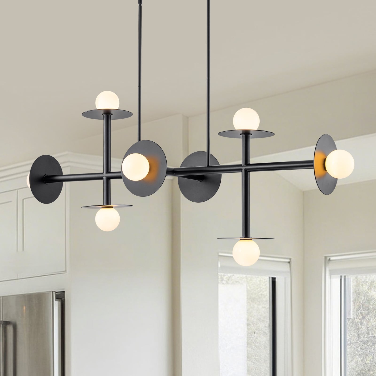 8 Light Matte Black Linear Chandelier With Opal Glass Globe Shades W 53.15 In