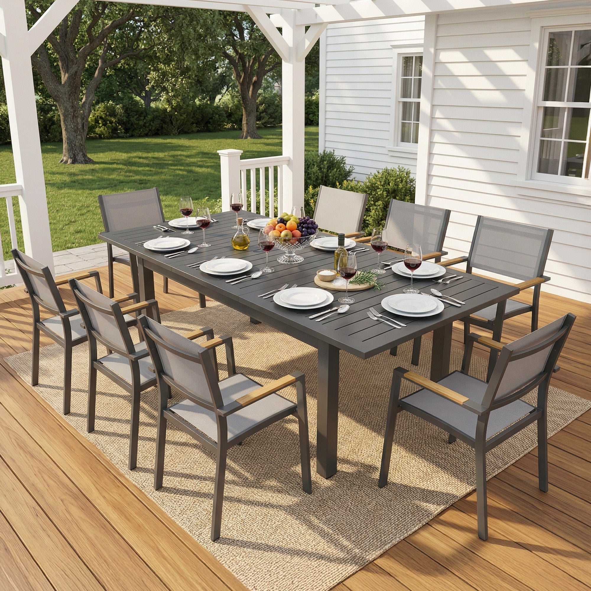 8 Person Outdoor Aluminum Patio Dining Set Extendable Rectangular Table All Weather