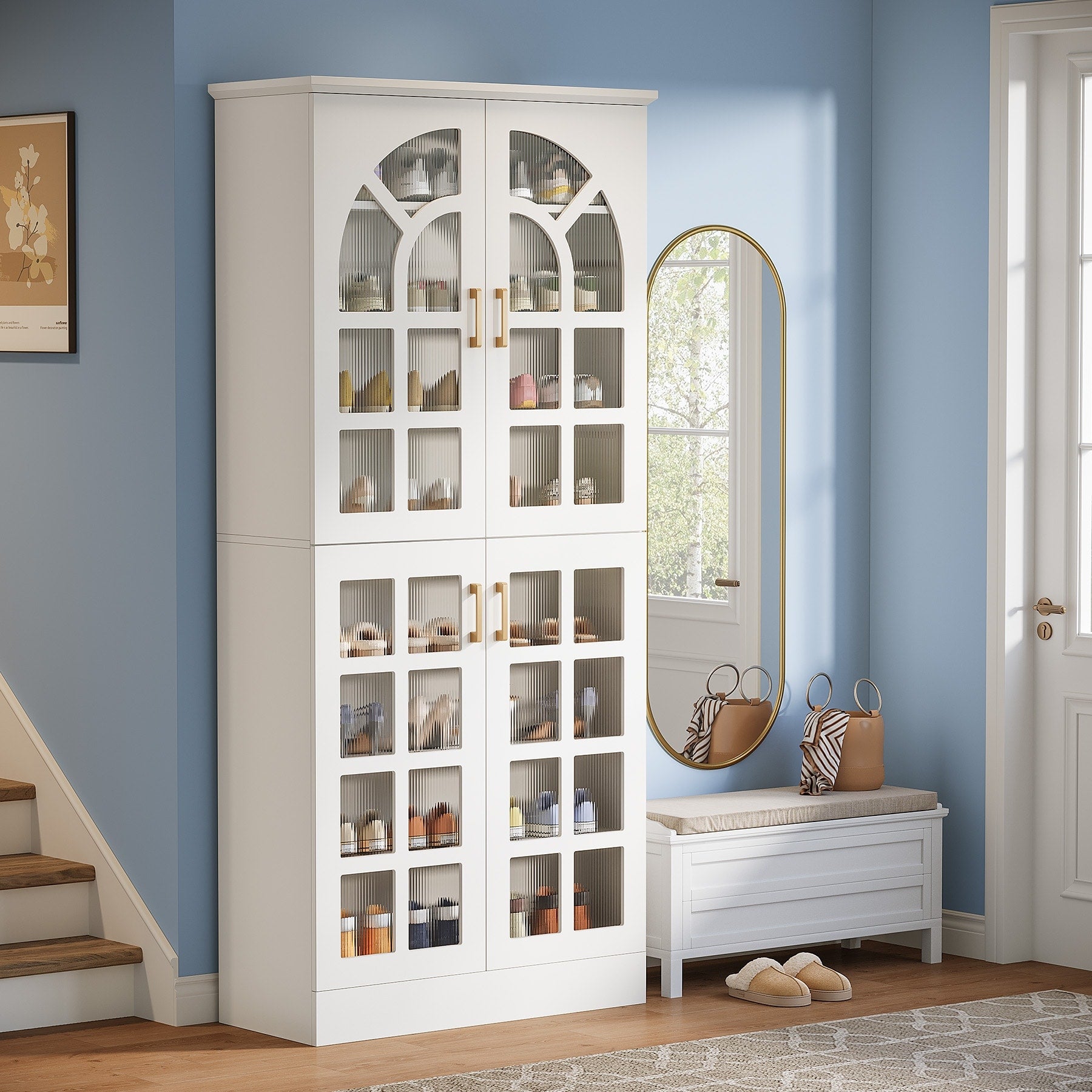 8 Tier Tall Shoe Cabinet With Doors Led Lights And Adjustable Shelves