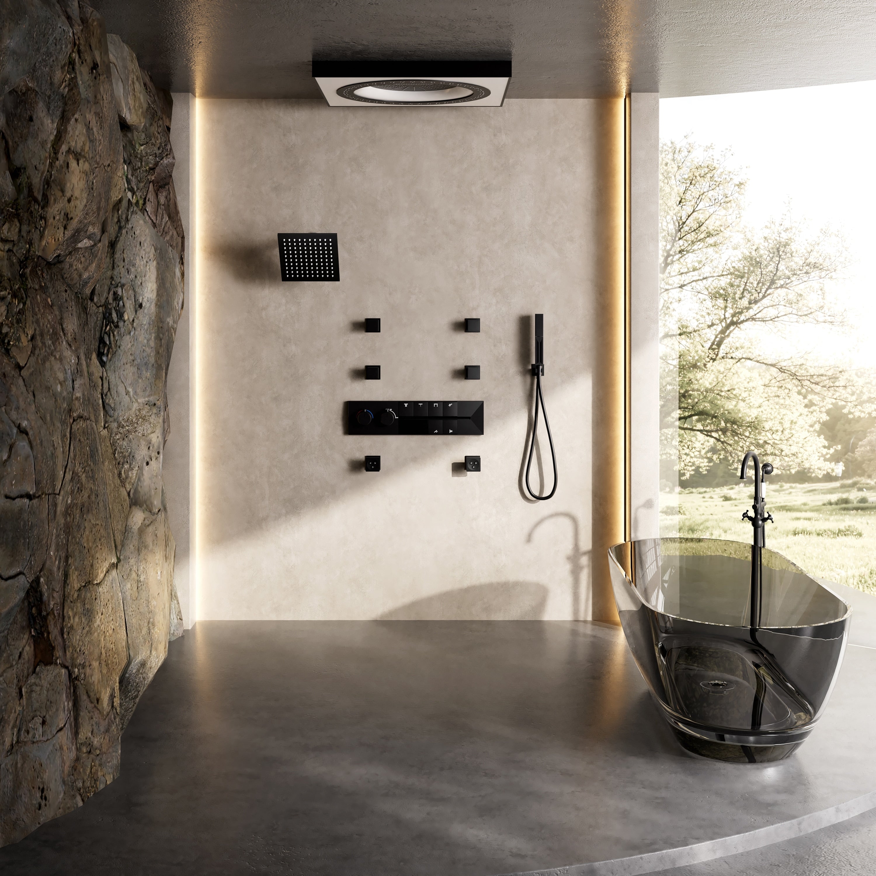 Digital Thermostatic Shower System With Dual Rain Shower Heads Led Music App Controlled 64 Color Lighting And 6 Body Jets