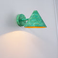 8.3 In. W Rustic Farmhouse Distressed Green Metal Cone Wall Sconce With Gold Interior Accent