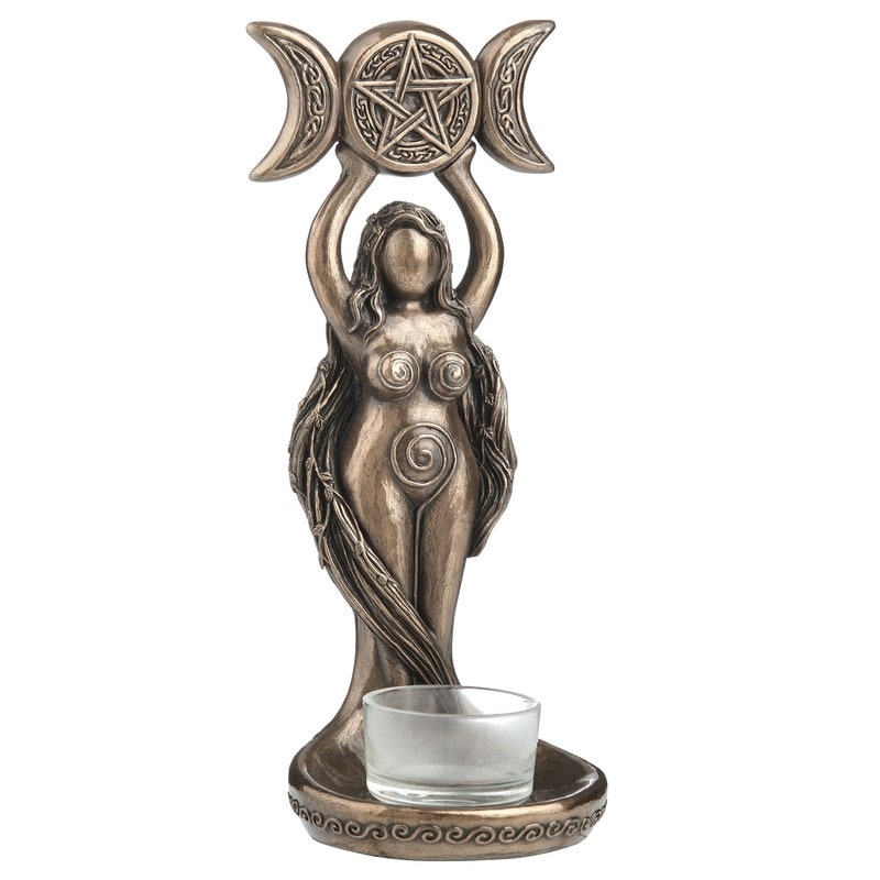 8.46 In H Triple Moon Hecate Spiral Goddess Candle Holder Poly Resin