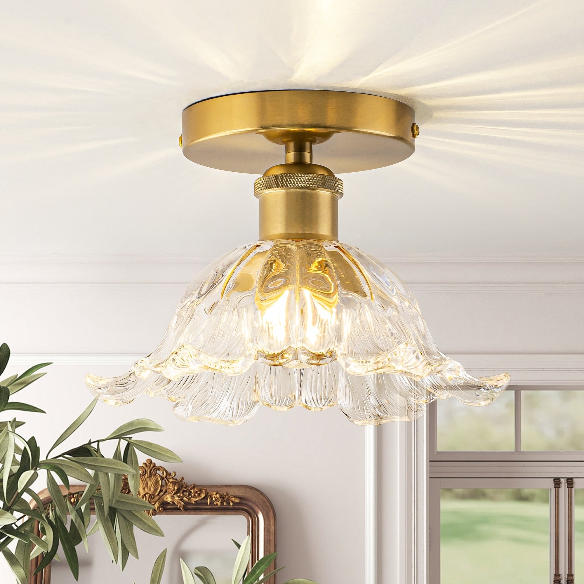 8.7 1 Light Modern Elegant Flower Shaped Clear Glass Semi Flush Mount Ceiling Light In Antique Brass