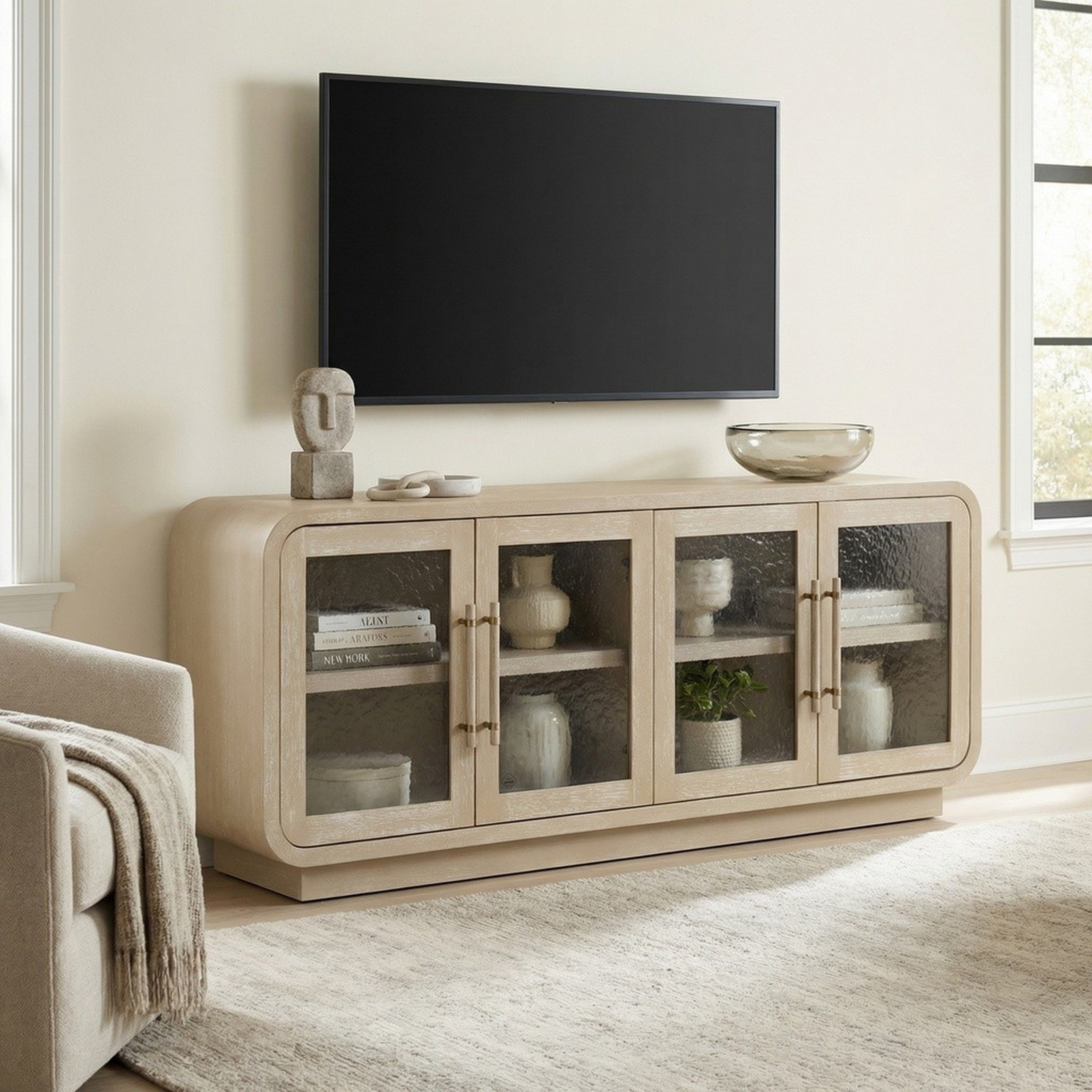80 In. Tan Solid Wood 4 Door Media Credenza_Sideboard