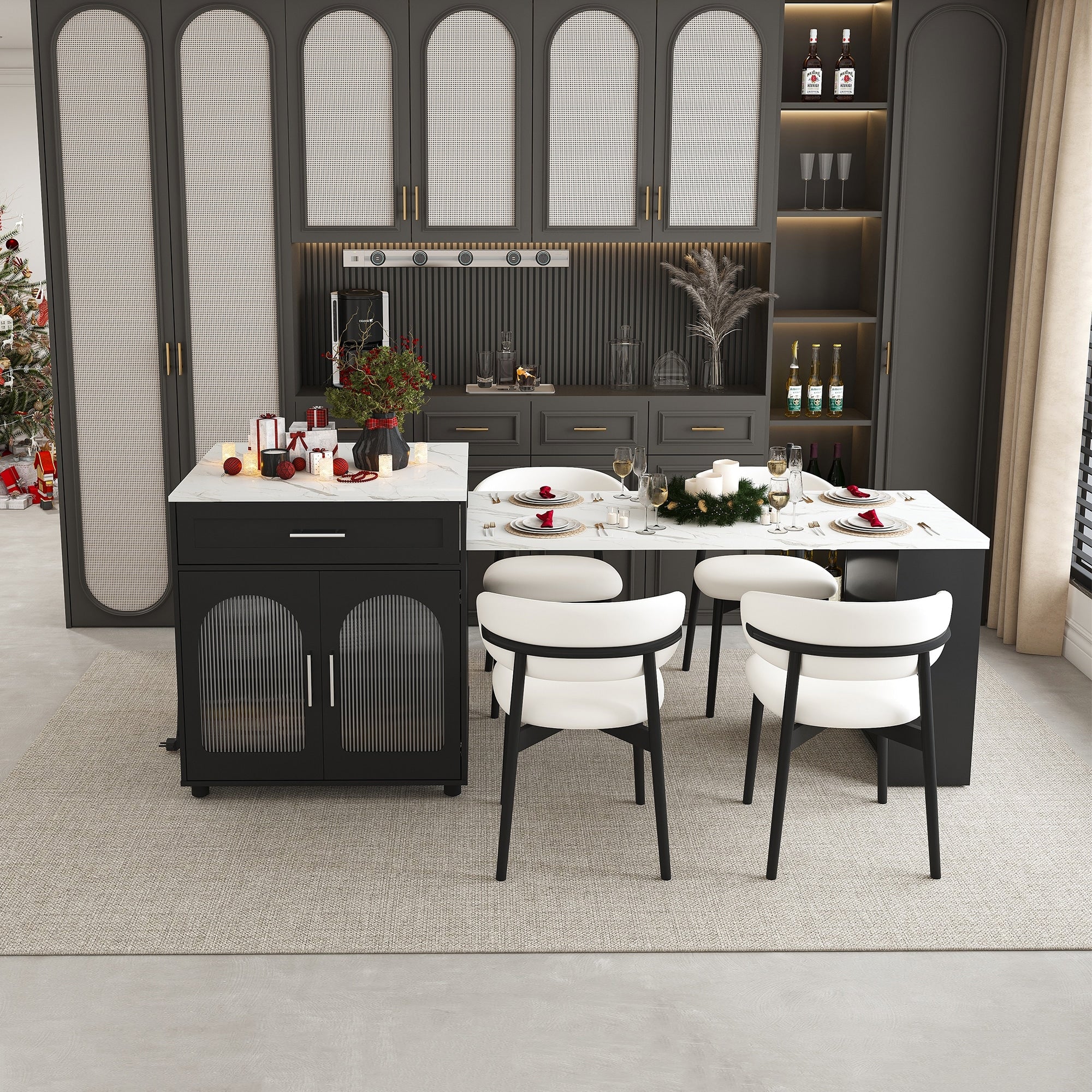 80 Expandable Kitchen Island With Dining Table With Marble Grain Countertop With Power Outlet