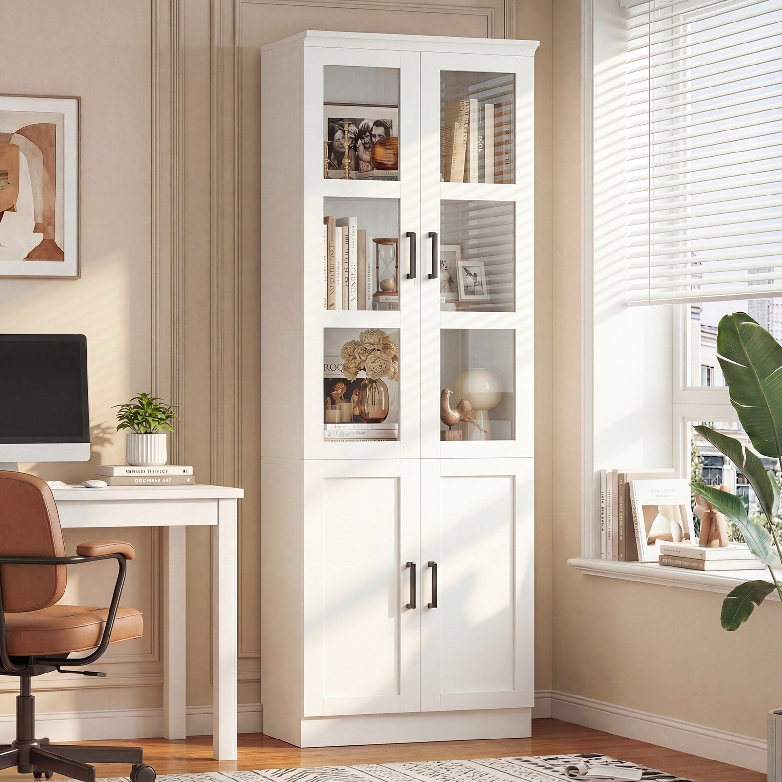 80 Tall Display Bookcase With Glass Doors And Adjustable Shelves Freestanding Storage Bookshelf For Living Room Home Office.