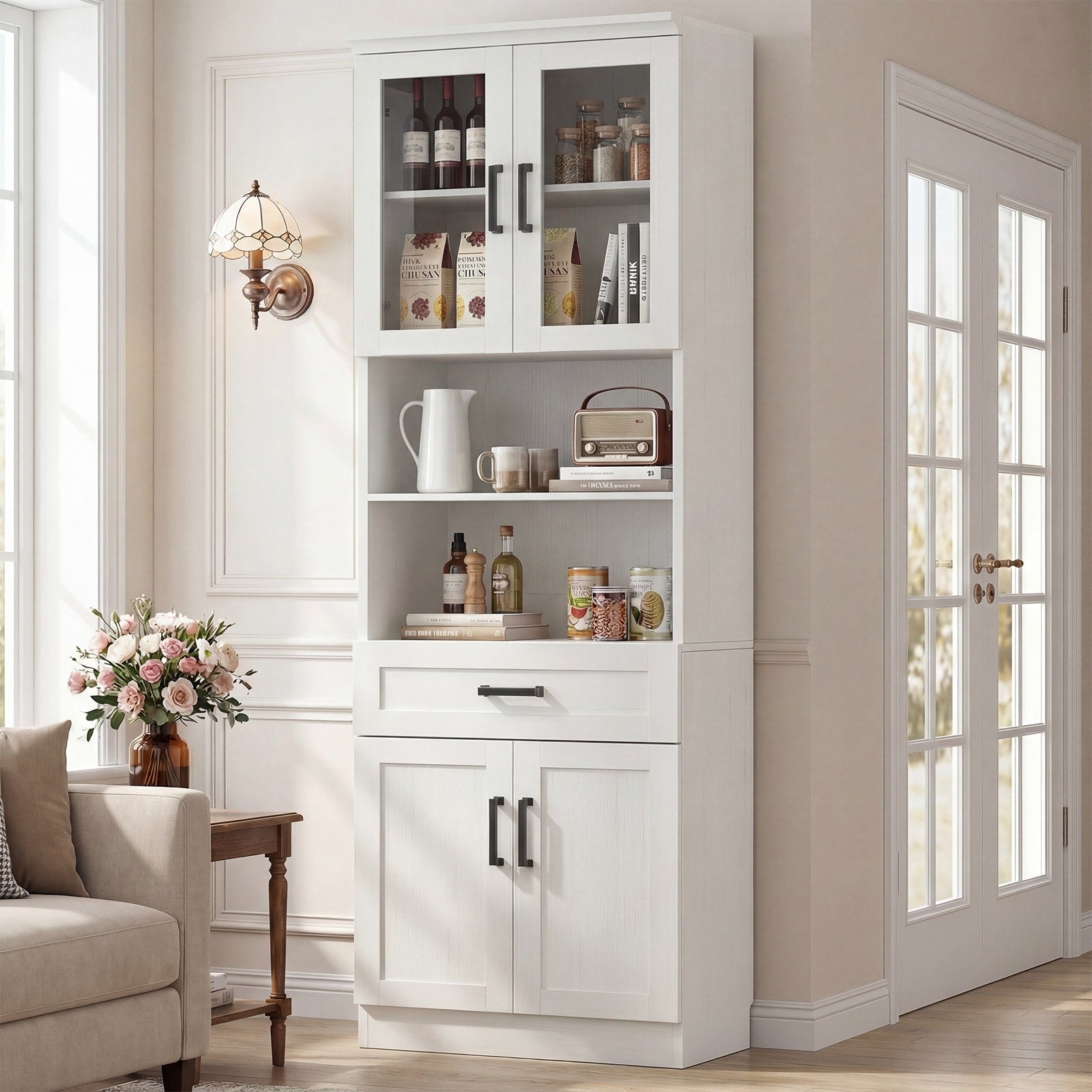 80 Tall Kitchen Pantry Cabinet With Glass Doors And Drawer Sideboard Storage Buffet Cabinet For Living Room Dining Room.