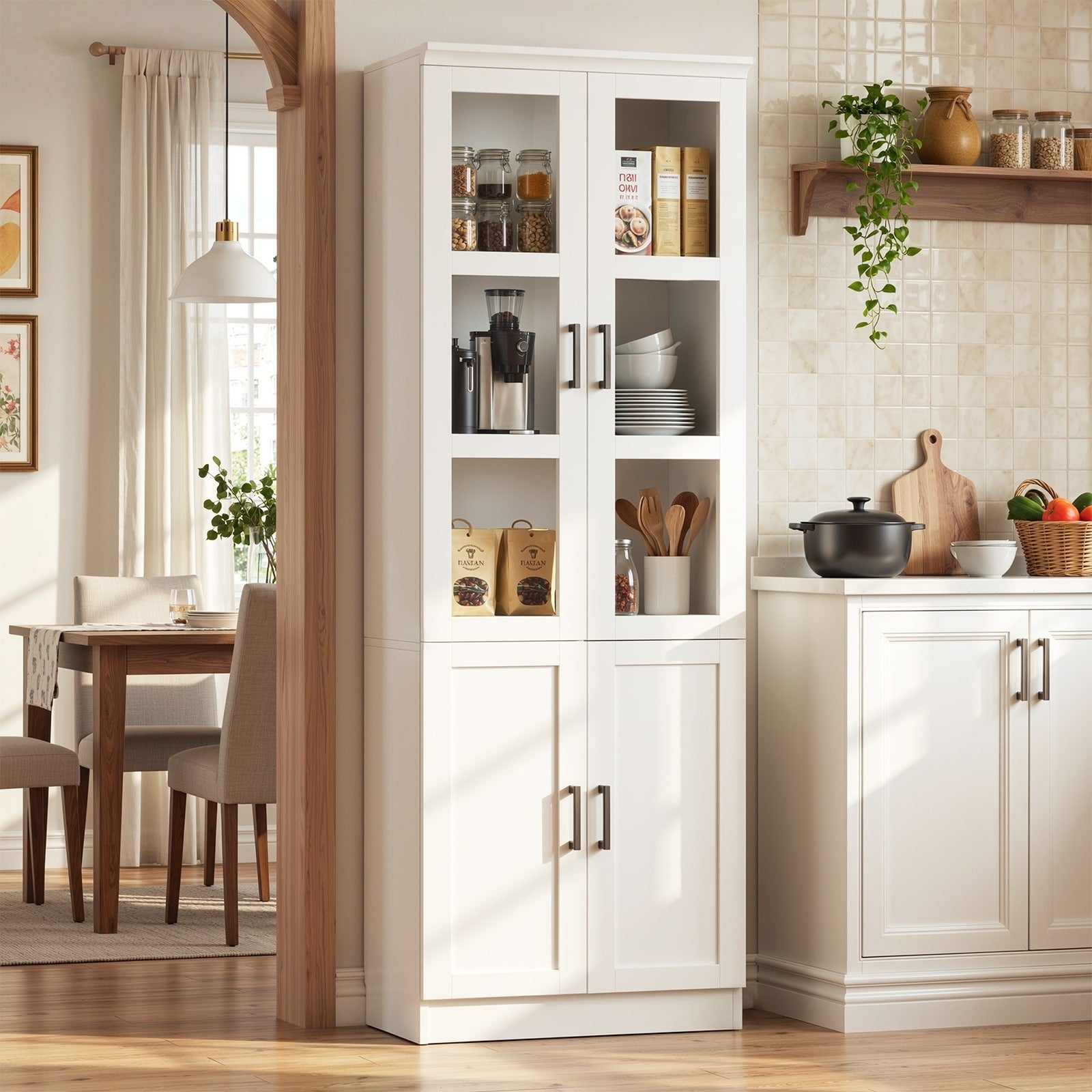 80 Tall Kitchen Pantry Storage Cabinet With Glass Doors Freestanding Sideboard With Adjustable Shelves For Dining Living Room.