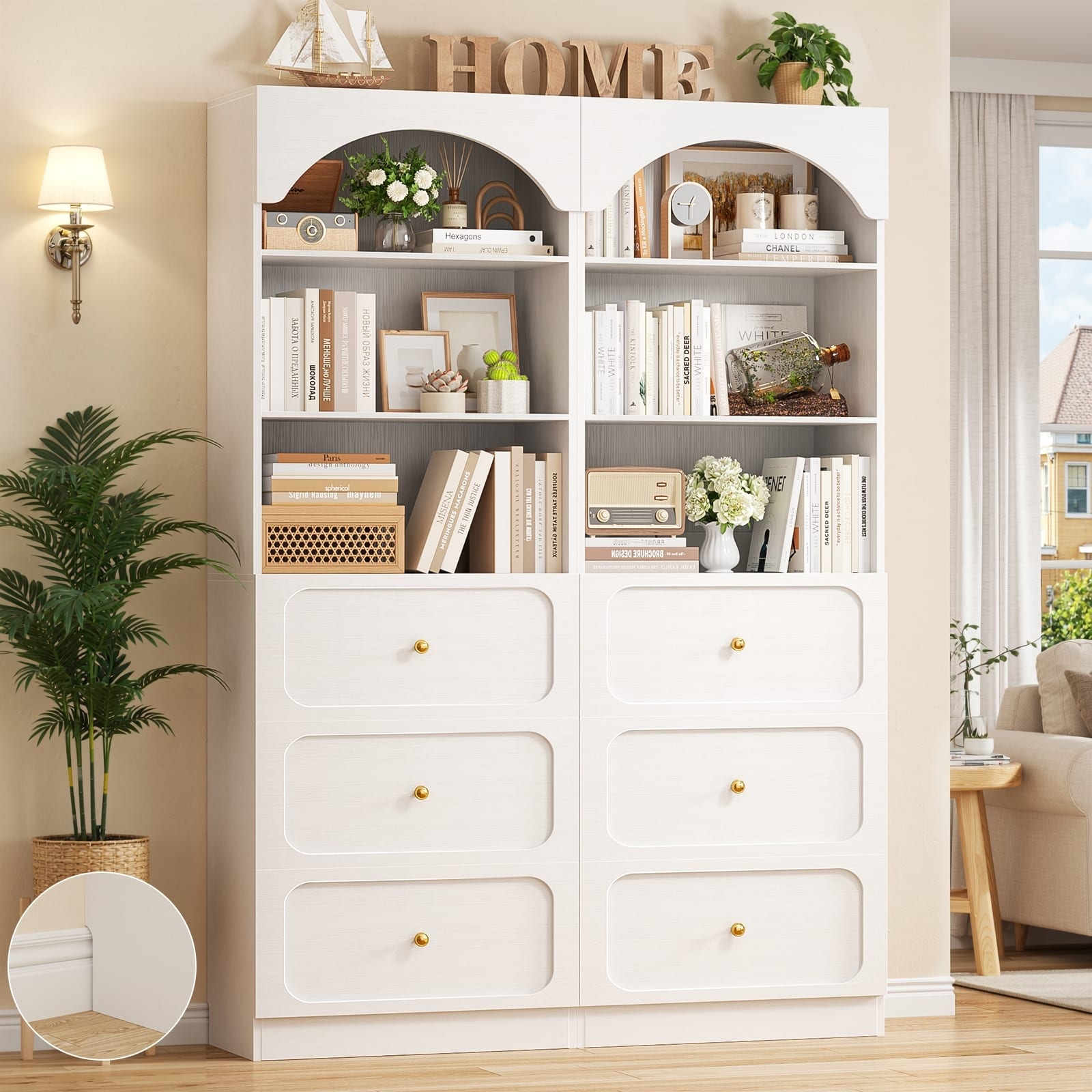 80 Tall Arched Bookcase With 3 Drawers Storage Bookshelves Pantry With Open Shelves