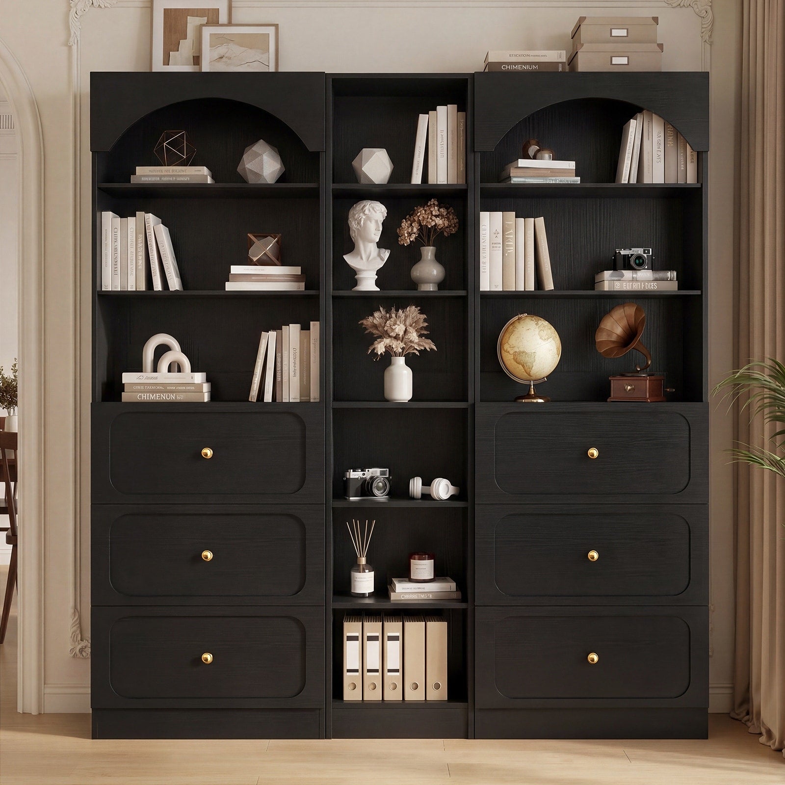 80 Tall Bookcase With Wood Drawers Arched Bookshelf Organizer System With Storage Shelves