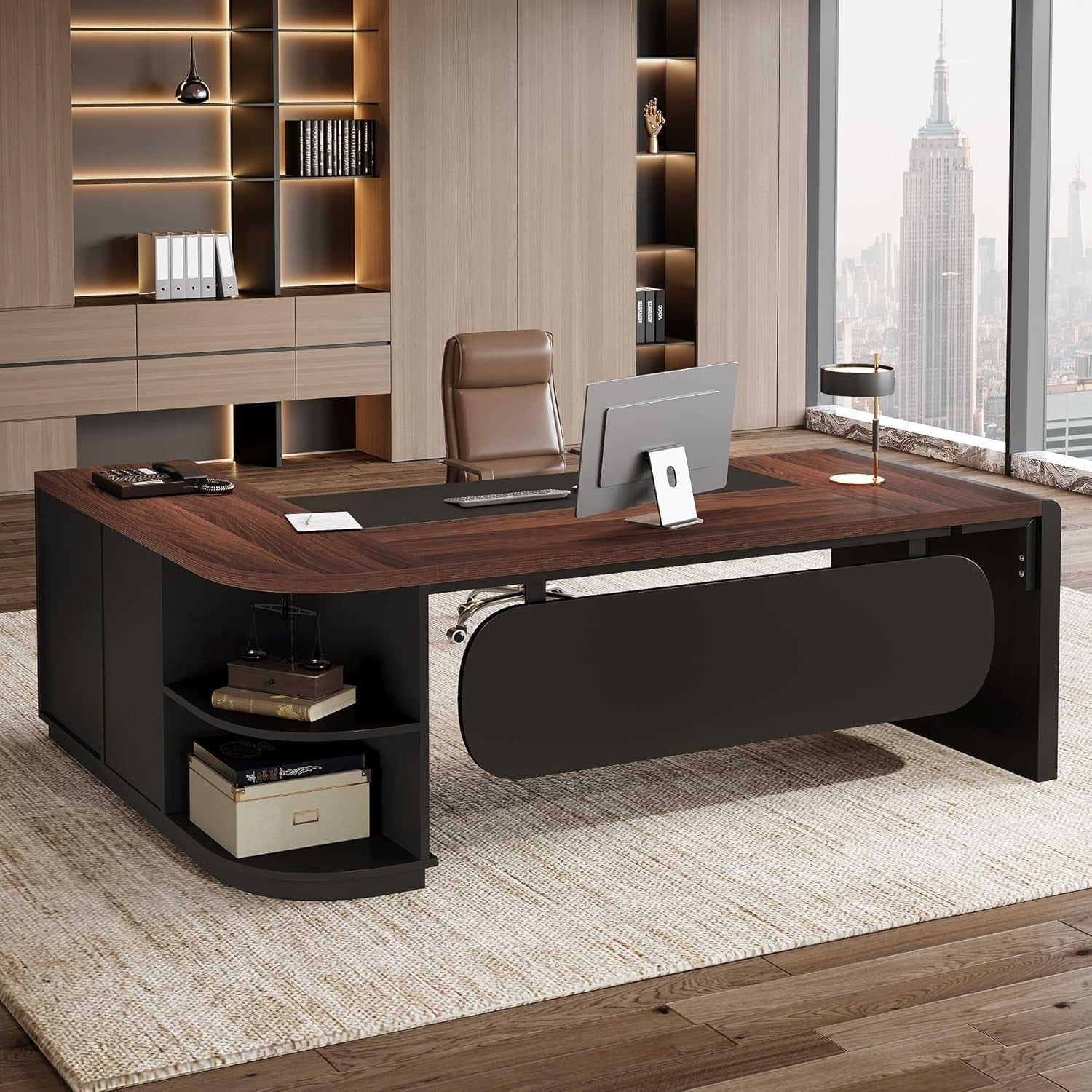 80 Wide L Shaped Computer Executive Desk Large Modern Home Office Desk With 3 Drawers And Storage Shelves