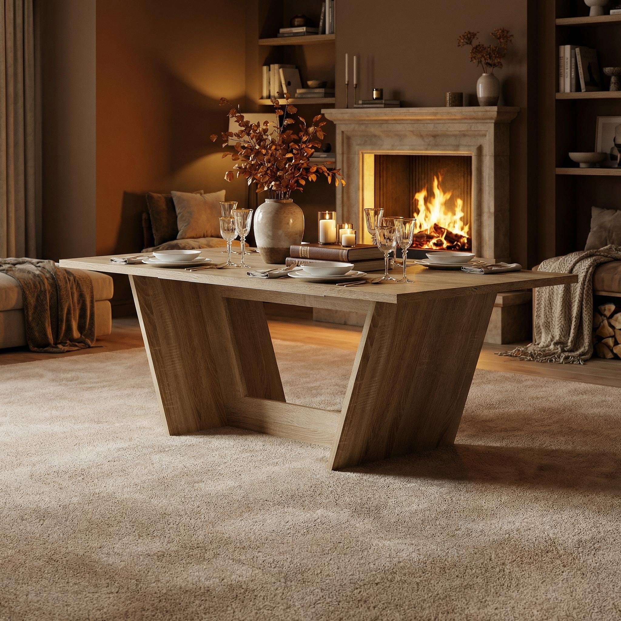 81.5 Inch Dining Table For 6 Rectangular Oak Finish Kitchen Table With Geometric V Base Large Wood Grain Dining Room Table