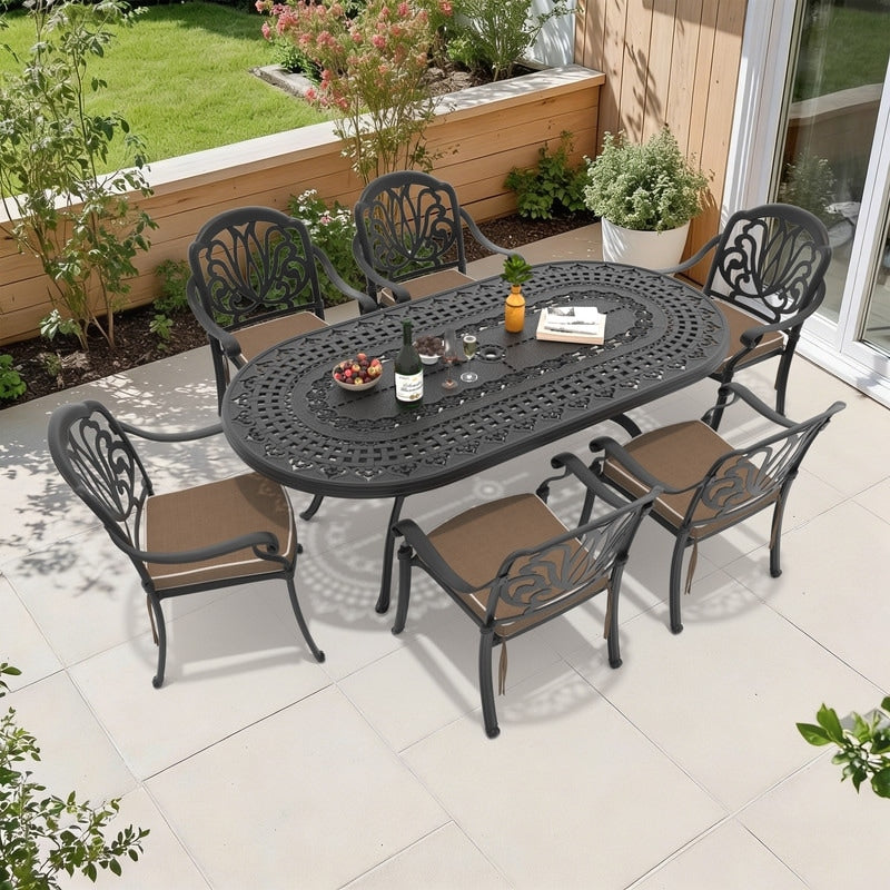 81.89In Oval Black Cast Aluminum Outdoor Dining Table With Unbrella Hole 6 Outdoor Chairs With Brown Cushions