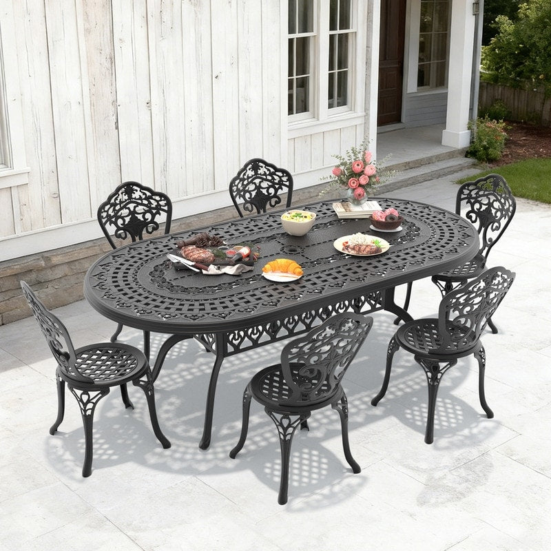 81.89In Oval Black Cast Aluminum Outdoor Dining Table With Unbrella Hole 6 Outdoor Dining Chairs Without Cushion