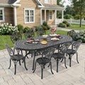 81.89In Oval Black Cast Aluminum Outdoor Dining Table With Unbrella Hole 8 Outdoor Dining Chairs Without Cushion