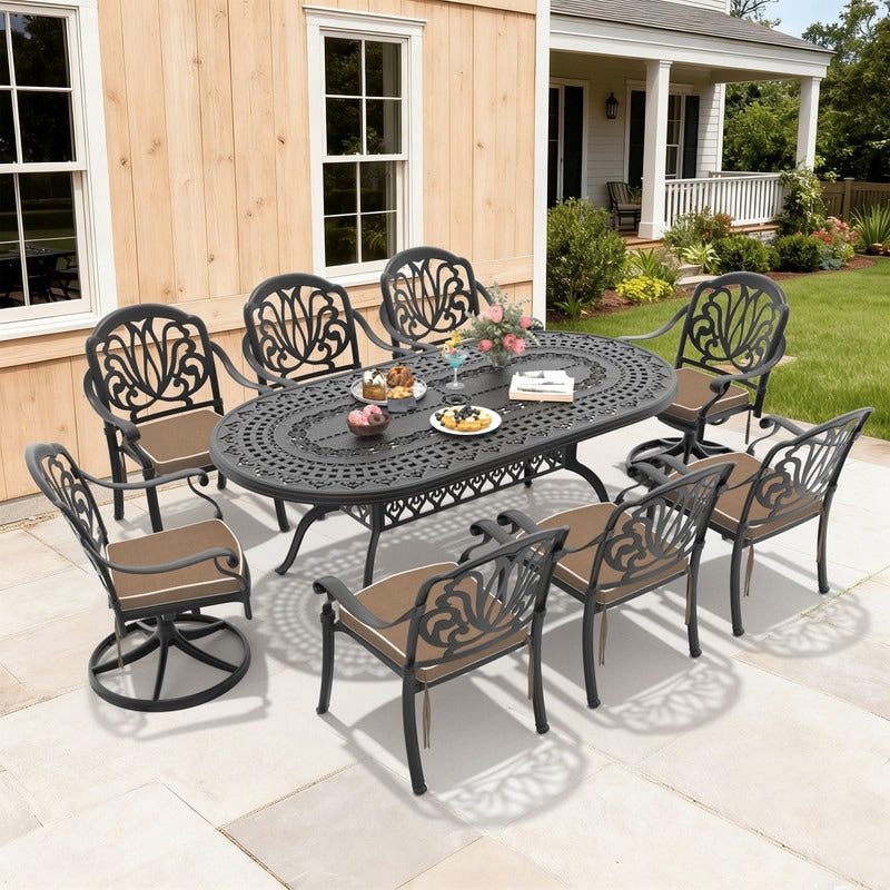 81.89In Oval Black Outdoor Dining Table With 2 Swivel 6 Stackable Chairs Brown Cushions 9 Piece Set