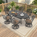 81.89In Oval Cast Aluminum Outdoor Dining Table And 6 Swivel Black Frame Outdoor Chairs With Brown Cushions