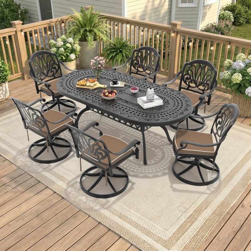 81.89In Oval Cast Aluminum Outdoor Dining Table And 6 Swivel Black Frame Outdoor Chairs With Brown Cushions