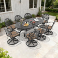 81.89In Oval Cast Aluminum Outdoor Dining Table And 8 Swivel Black Frame Outdoor Chairs With Brown Cushions
