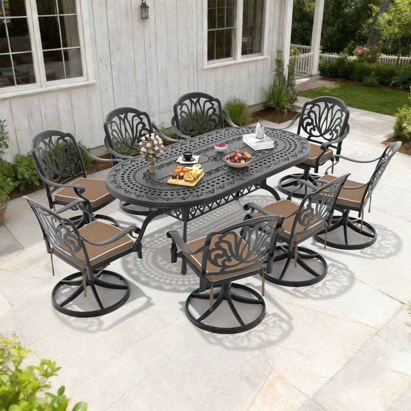 81.89In Oval Cast Aluminum Outdoor Dining Table And 8 Swivel Black Frame Outdoor Chairs With Brown Cushions