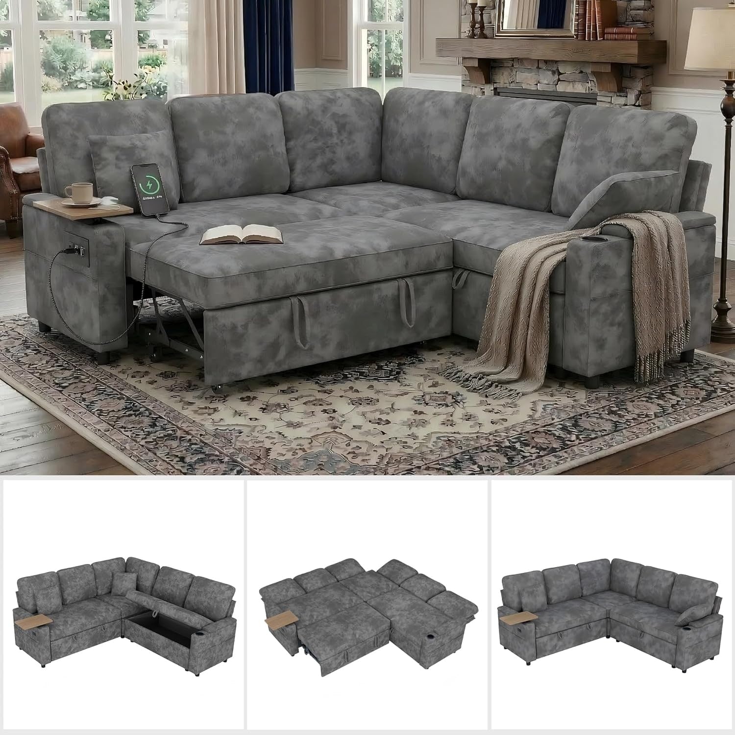 81 Modular Sectional Sofa L Shaped 5 Seater Sleeper Sofa With Pull Out Bed Hidden Storage Cup Holders Usb Charging Ports