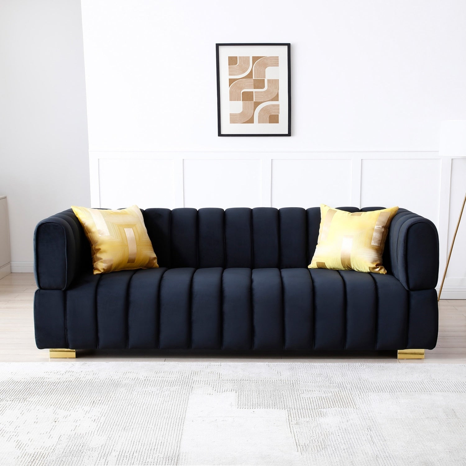 82 In.W Blue Finish Velvet Upholstery L Shaped Straight Arm Sectional Sofa