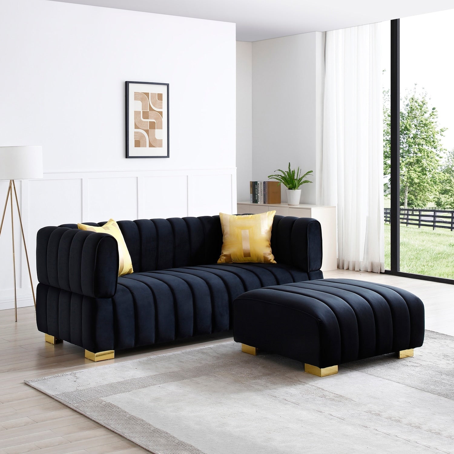 82 In.W Blue Finish Velvet Upholstery L Shaped Straight Arm Sectional Sofa